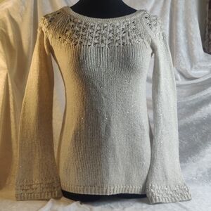 White House Black Market Ivory Sequin Sparkle Knit Sweater  Embellished XXS